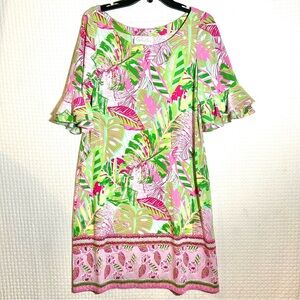 Pappagallo Shift Dress Womens Size L Tropical Oasis Palm Leaf Flutter Sleeves